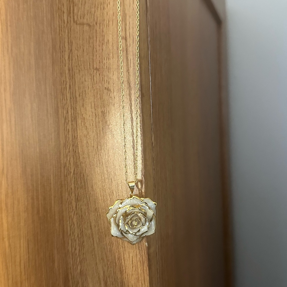 Elegant Gold and White Rose Pendant Necklace - 24K gold plated